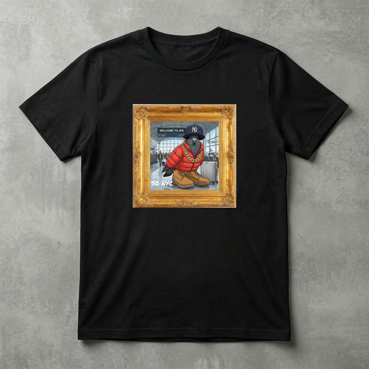 Scentral P NYC Pigeon – Queens Edition (JFK Airport) Framed Graphic Tee